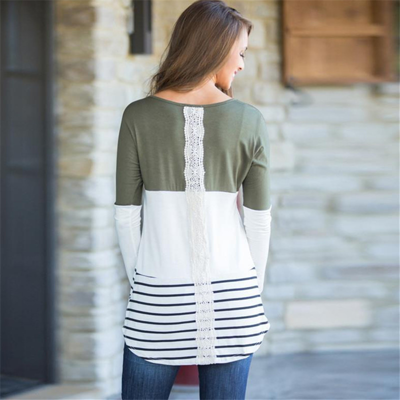 Womens Tops and Bluas Fashion Back Lace T-shirts Striped Long Sleeve Tee Top Tunic Shirts Jumper Tops Nice Blusas Femininas T200110