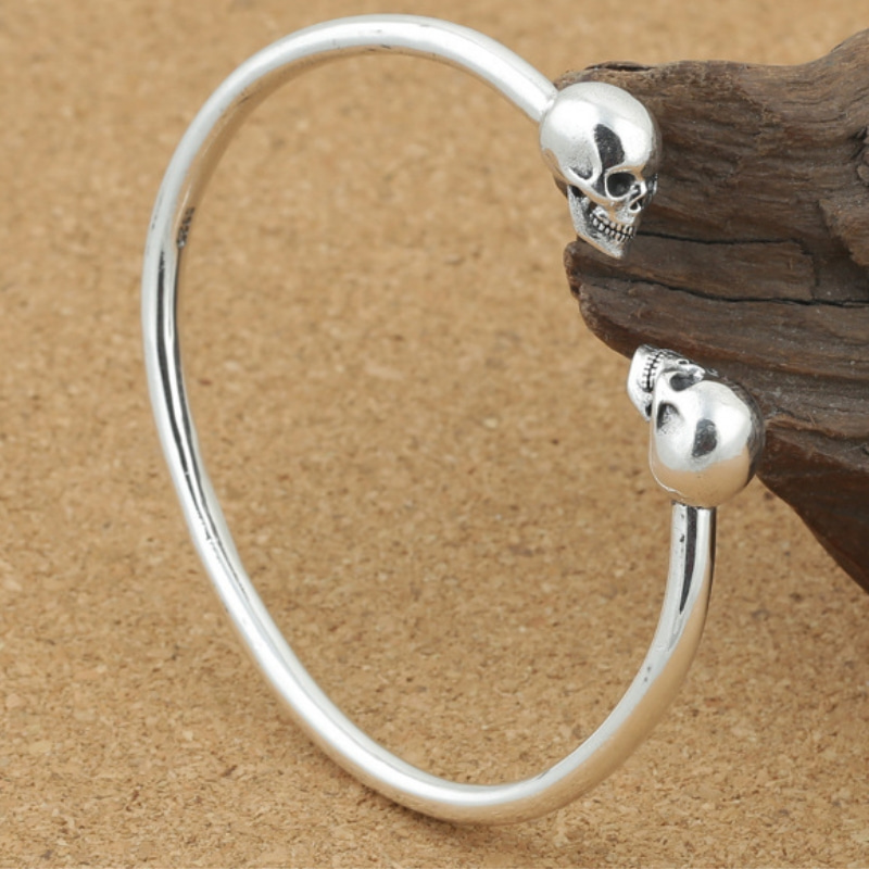 925 sterling silver handmade jewelry antique silver American European designer skull bangle bracelets for men punk style free shipping