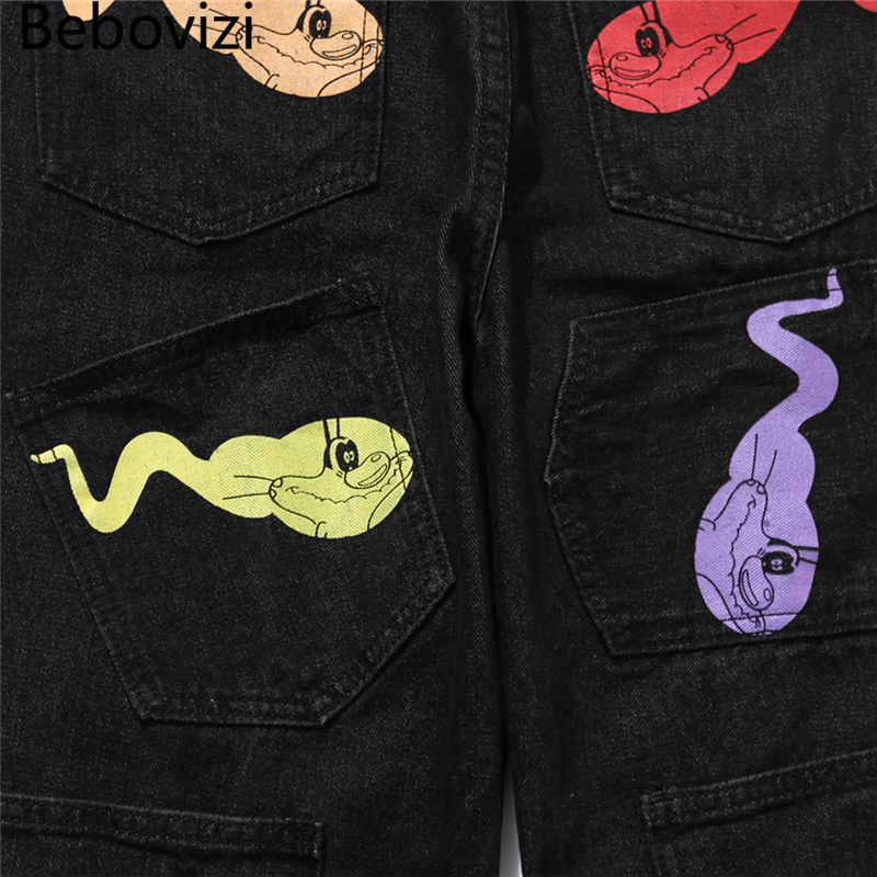 Bebovizi Hip Hip Tadpole Print Denim Pants Streetwear Denim Pants Men Harajuku Multi-pocket Trousers Joggers Cotton