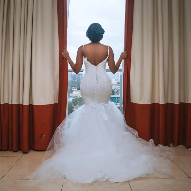 2020 African Plus Size Mermaid Wedding Dresses Spaghetti Straps Appliqued Lace Beads Wedding Dress Bridal Gowns robes de mariée