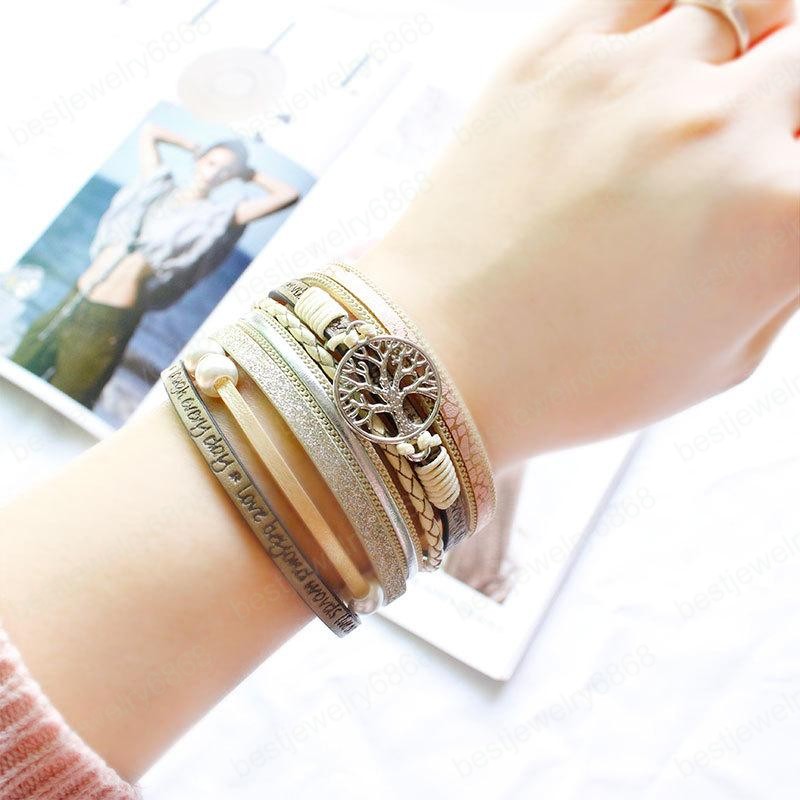 Creative Women Twine Tree of Life Leather Strap Magnet Buckle Pearl Bangle Bracelet Multilayer Bracelets Fashion Gifts