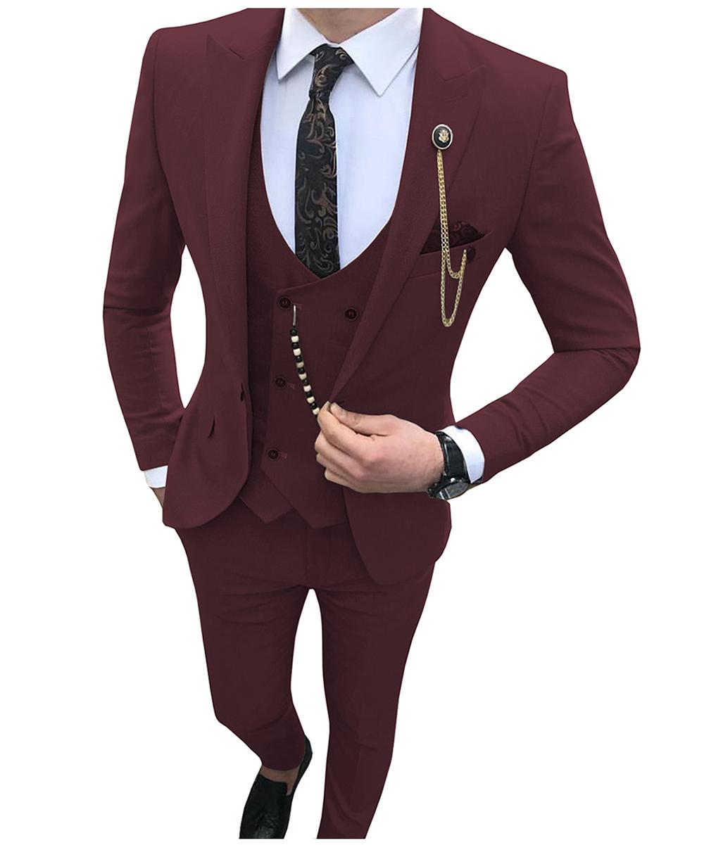 Excellent Red 3 Piece Suit Men Wedding Tuxedos Peak Lapel Groom Tuxedos Men Business Dinner Prom Blazer(Jacket+Pants+Tie+Vest) 665