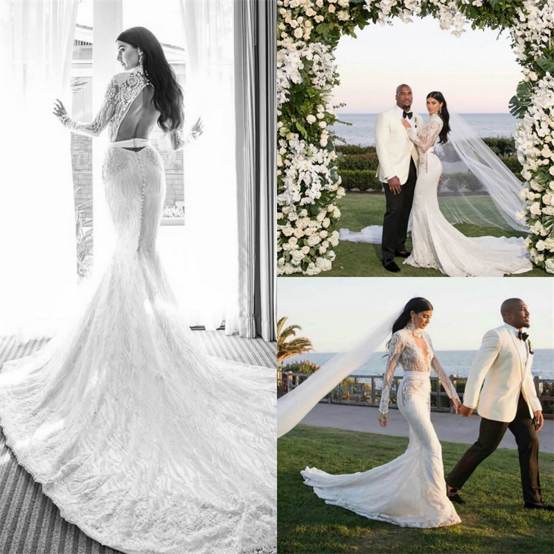Sexy Illusion Mermaid Wedding Dresses Hollow High-neck Long Sleeves Beaded Appliqued Lace Bridal Gowns Custom Made Robes De Mariée Sirène