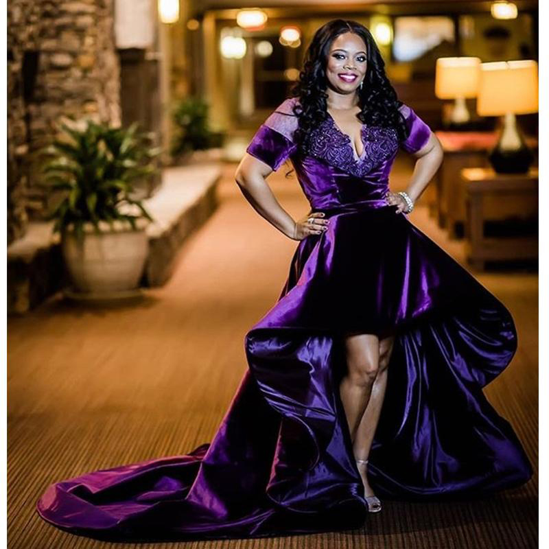 Elegant Purple Velvet Formal Evening Dress Short Sleeve Sheer Lace Evening Gowns High Low African Women Dinner Party Wear