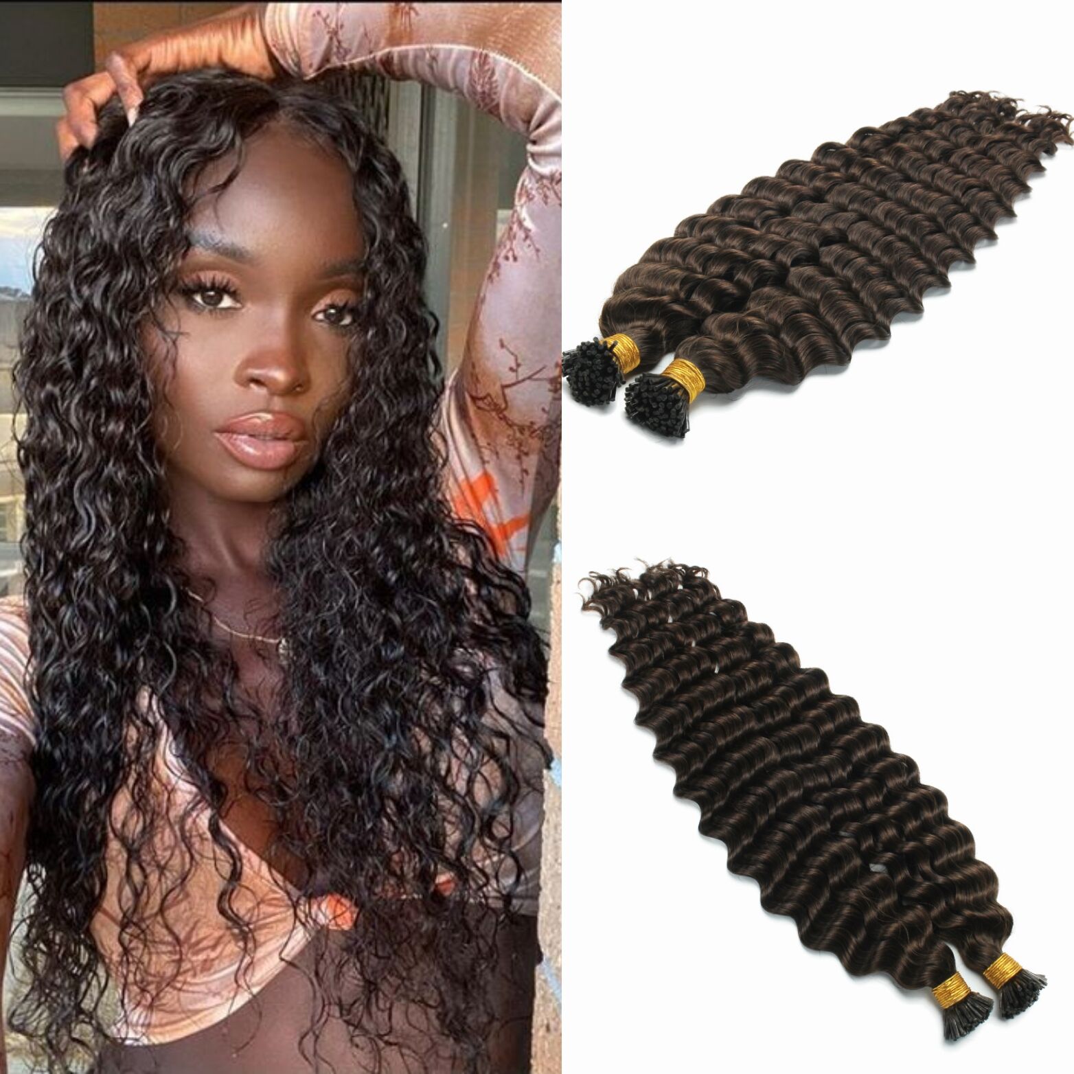 Deep Wave I Tip Virgin Brazilian Human Dark Brown Color Pre Blonded Stick Hair Extensions 100G 1G/Strand
