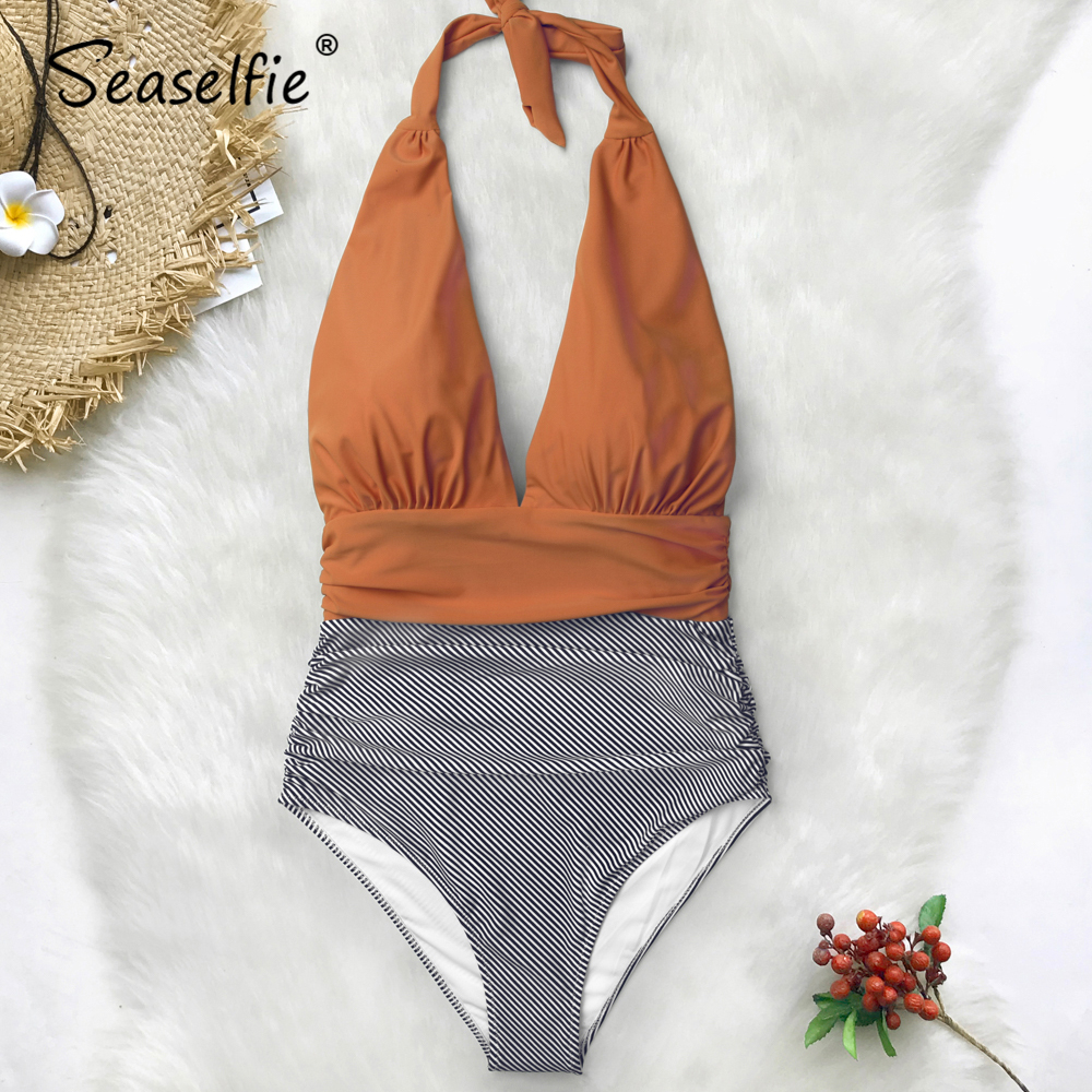 SEASELFIE Sexy Pink and Stripe Halter Deep V-neck One-Piece Swimsuit Women Padded Monokini 2020 Beach Bathing Suit Swimwear MX200613