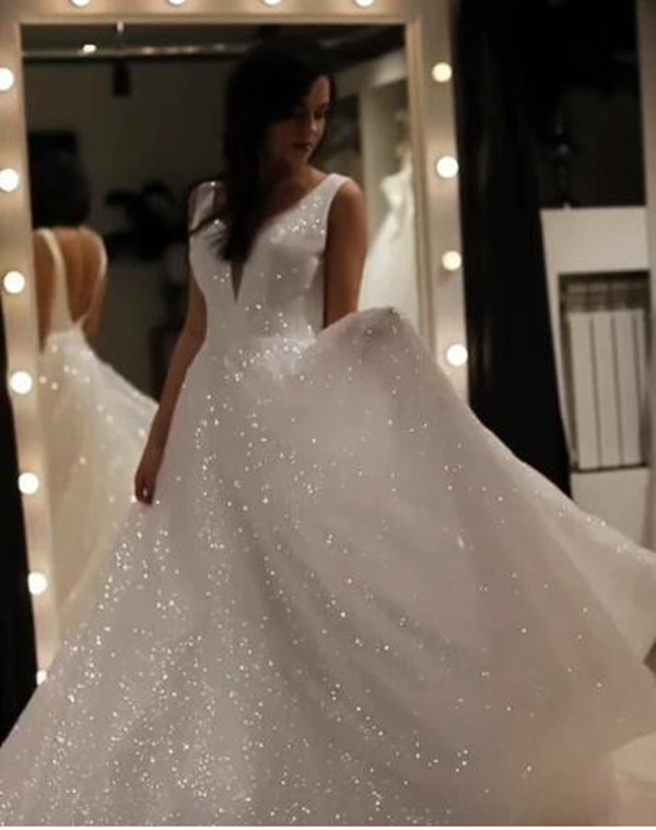 2020 Glitter Princess Wedding Dress Deep V Neck Bling A Line Sexy shiny beauty Bridal Dress Wedding Gowns Vestido Novia