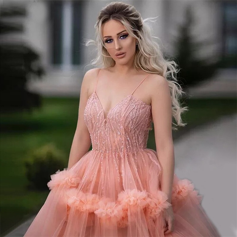Spaghetti Strap Evening Dresses Appliqued Sequins Pageant Gown Sleeveless Tiered Tulle Custom Made Sweep Train Pink Prom Dress