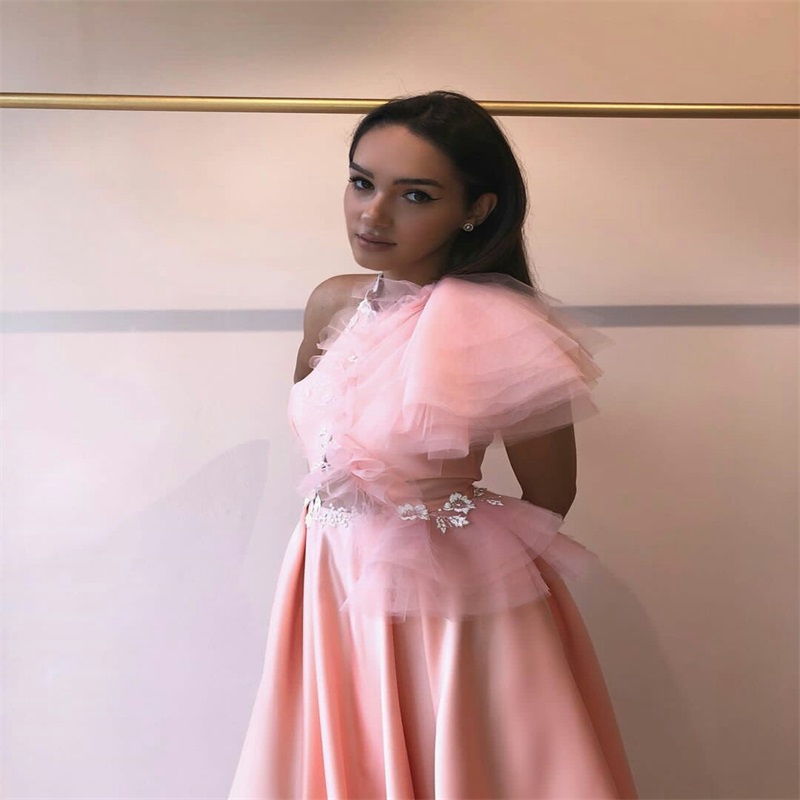 pink sexy hollow aline evening dresses sleeveless hand made flower formal prom dress ruched satin and tulle custom made long party gown