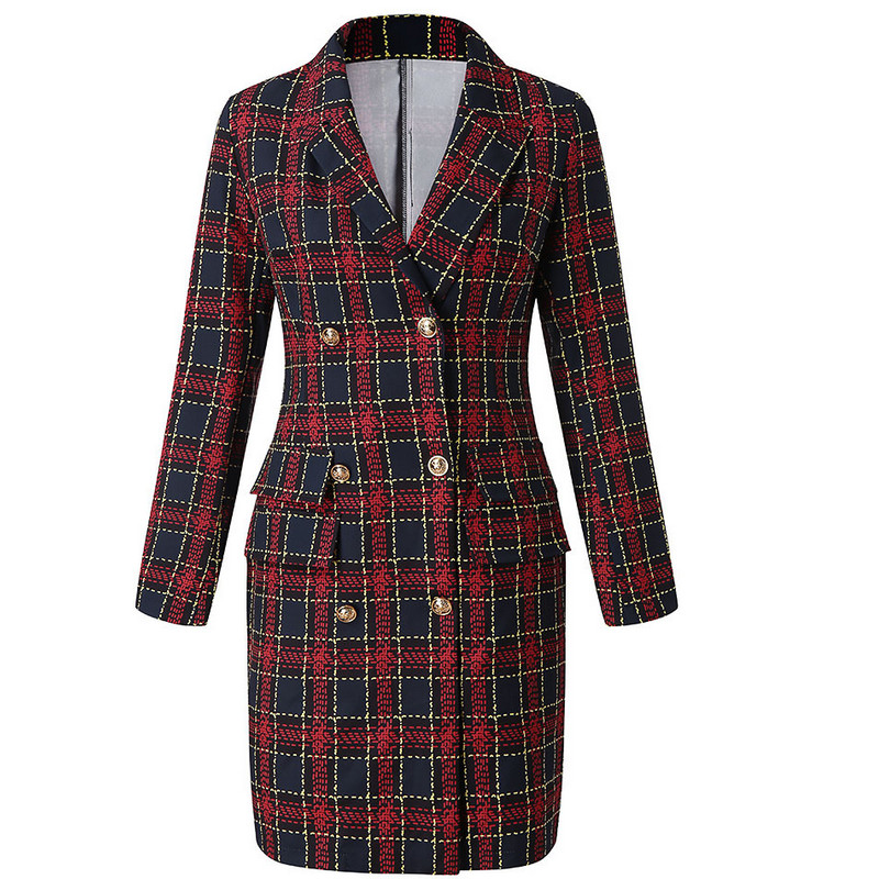 2020 New Fall Tailored Coat Women Office Ladies Plaid Red Slim Double Breasted Coat Dress Ladies V neck Vintage Female