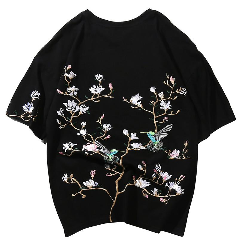 hip hop tshirt men streetwear harajuku tshirt embroidery floral magpie summer short sleeve tshirt cotton japanese style