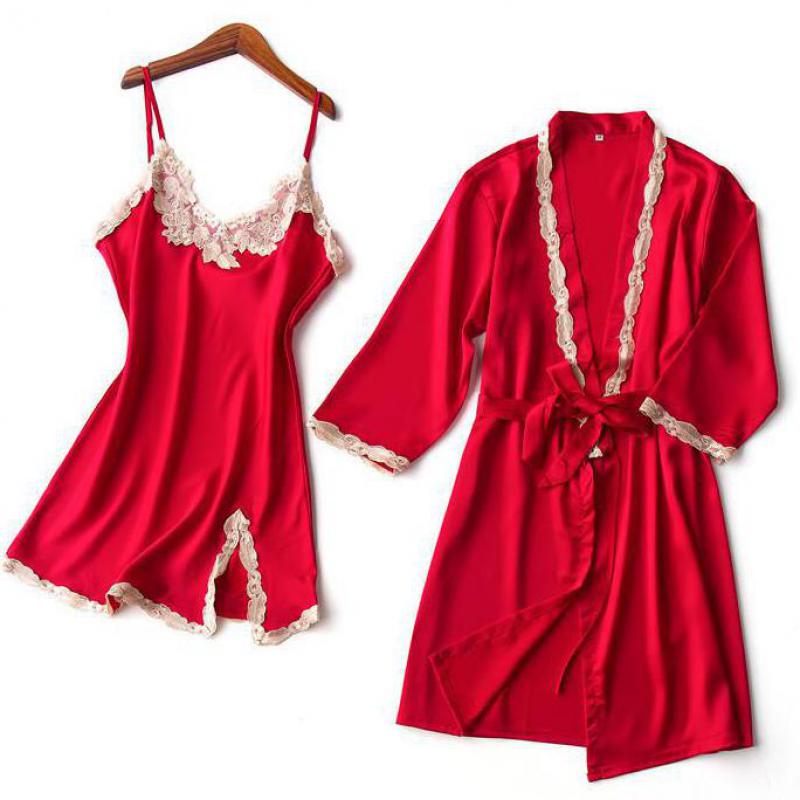 Summer Wedding Robe Set Women 2PCS Sleepwear Satin Bathrobe Gown Silky Casual Nighty&Robe Set Female Loose Home Clothes, Red 
Summer Wedding Robe Set Women 2PCS Sleepwear Satin Bathrobe Gown Silky Casual Nighty&Robe Set Female Loose Home Clothes, Red