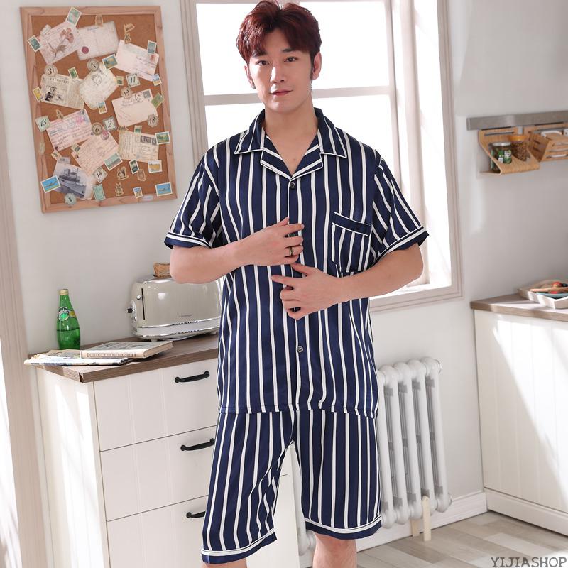 New Summer short-sleeved silk satin pajamas suit men's casual striped pajamas men's casual clothes home service home ser, Blue
New Summer short-sleeved silk satin pajamas suit men's casual striped pajamas men's casual clothes home service home ser, Blue