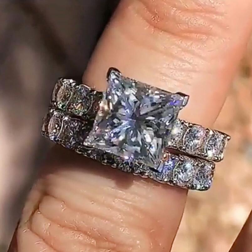 Size 6-10 Luxury Jewelry Couple Rings 925 Sterling Silver Princess Cut White Topaz CZ Diamond Party Eternity Women Wedding Bridal Ring Set