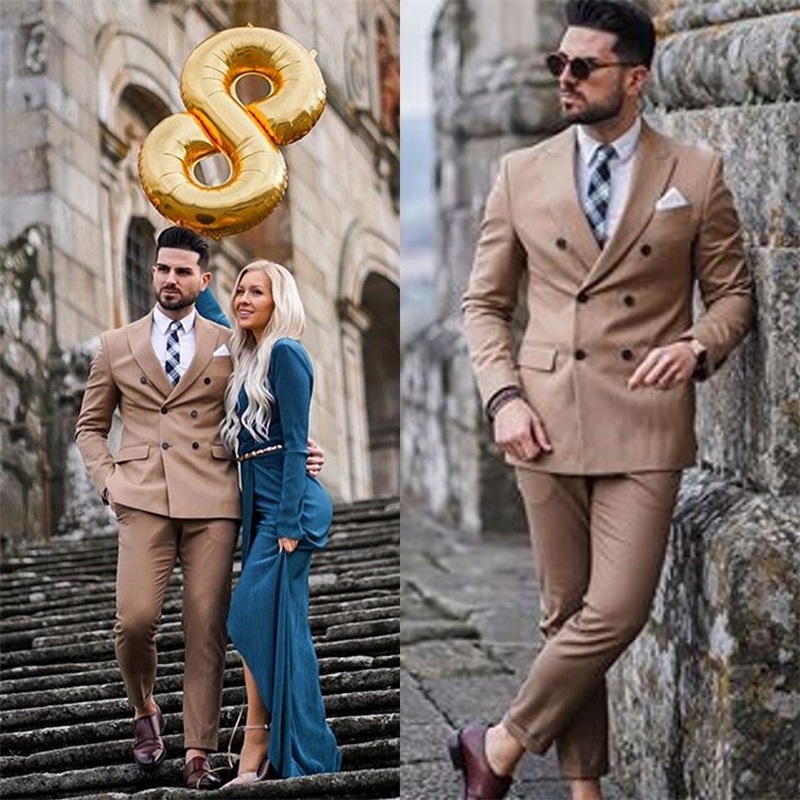 2piece cotton blend khaki formal wedding tuxedos slim fit double breasted men suits peaked lapel business party blazer suit