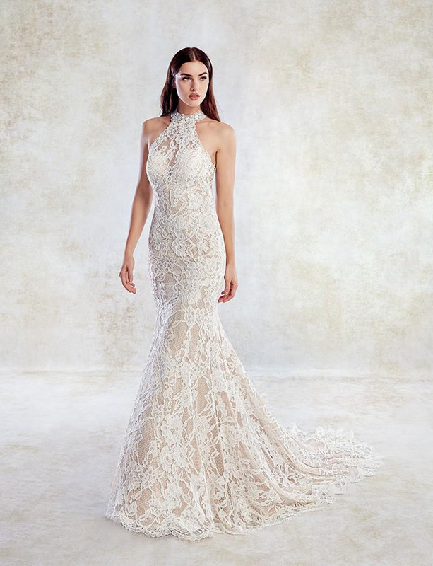 Modest Halter Lace Mermaid Wedding Dresses 2021 Appliques Sweep Train beach Bridal Gown Sleeveless robe de marie