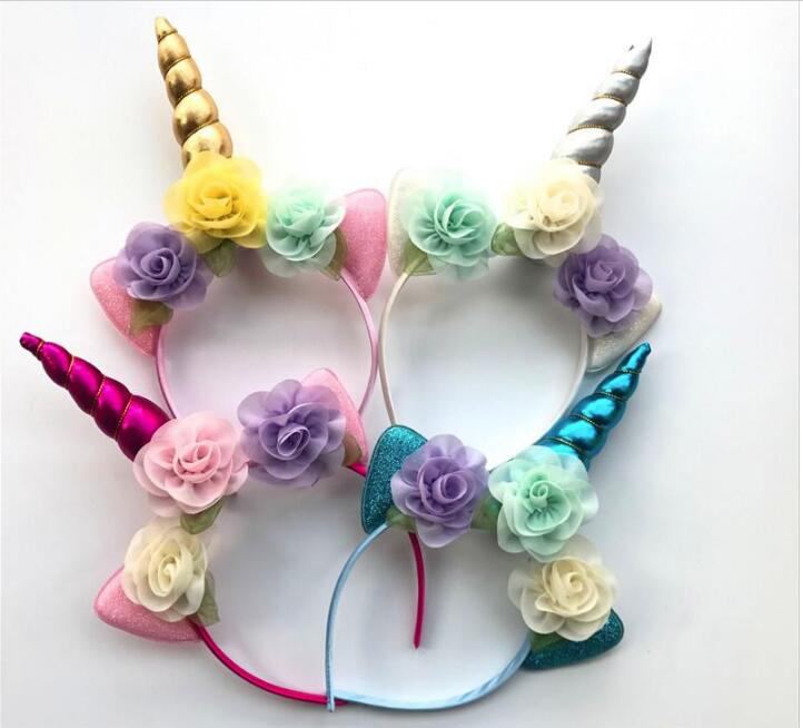 Children's headban Glitter Metallic Unicorn Headband Girls Chiffon Flowers Hairband For Kids leaf flower Unicorn Horn Party Hair Accessories