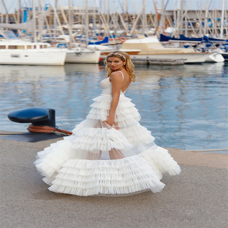 sexy spaghetti strap beach wedding dresses aline illusion ruched tiered tulle bridal gown backless custom made long country bridal dress