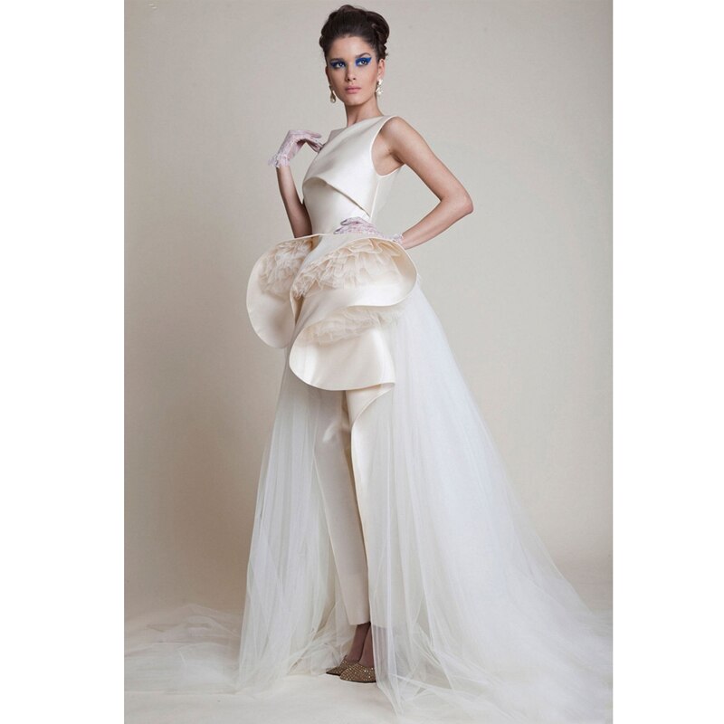 Newest Jumpsuit Evening Dresses Elegant Sleeveless Ruched Satin Tiered Tulle Sweep Train Formal Party Gowns Custom Made Long Prom Dress