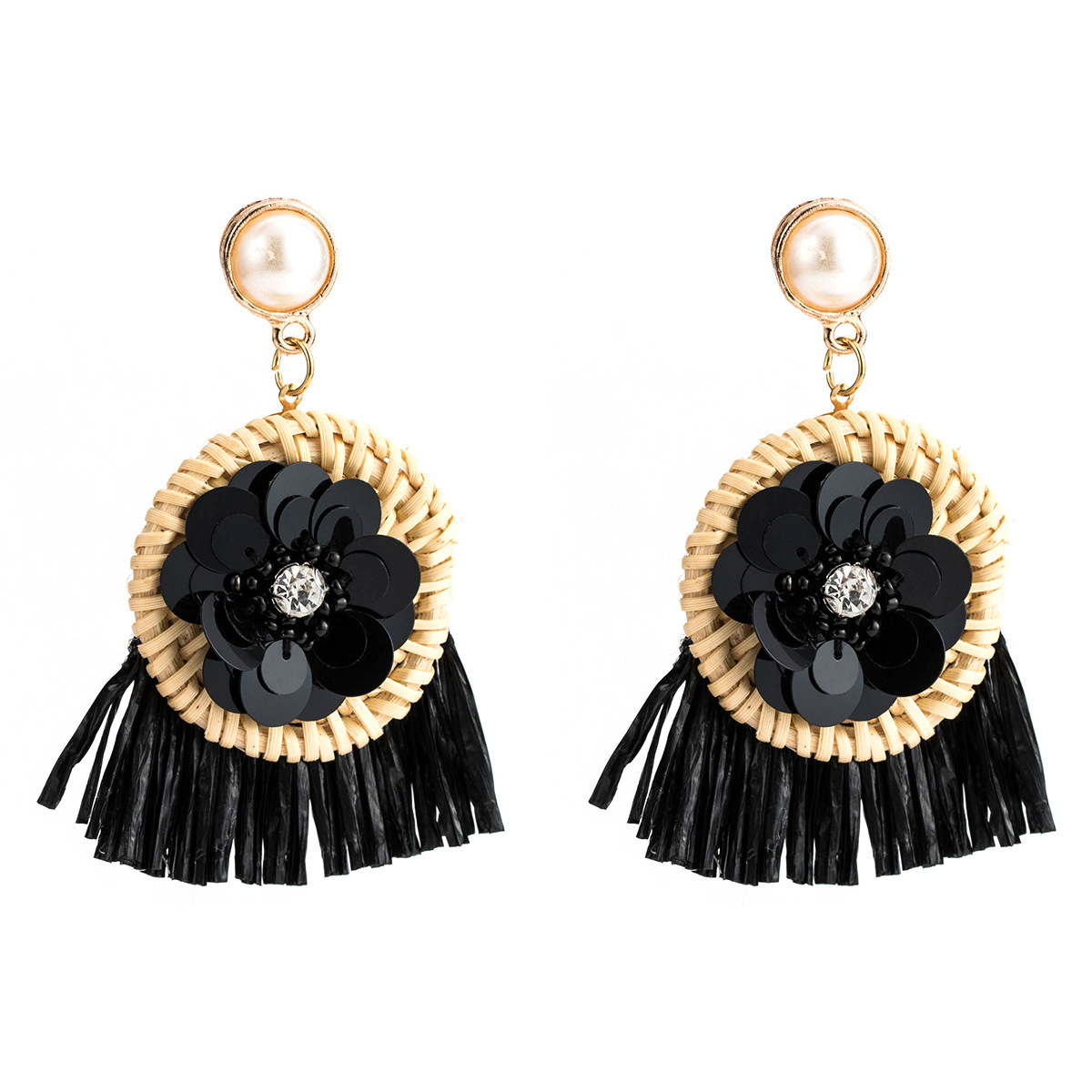 Rattan woven sequins with diamond Lafite tassel earrings multi-layer exaggerated earring, Golden
Rattan woven sequins with diamond Lafite tassel earrings multi-layer exaggerated earring, Golden