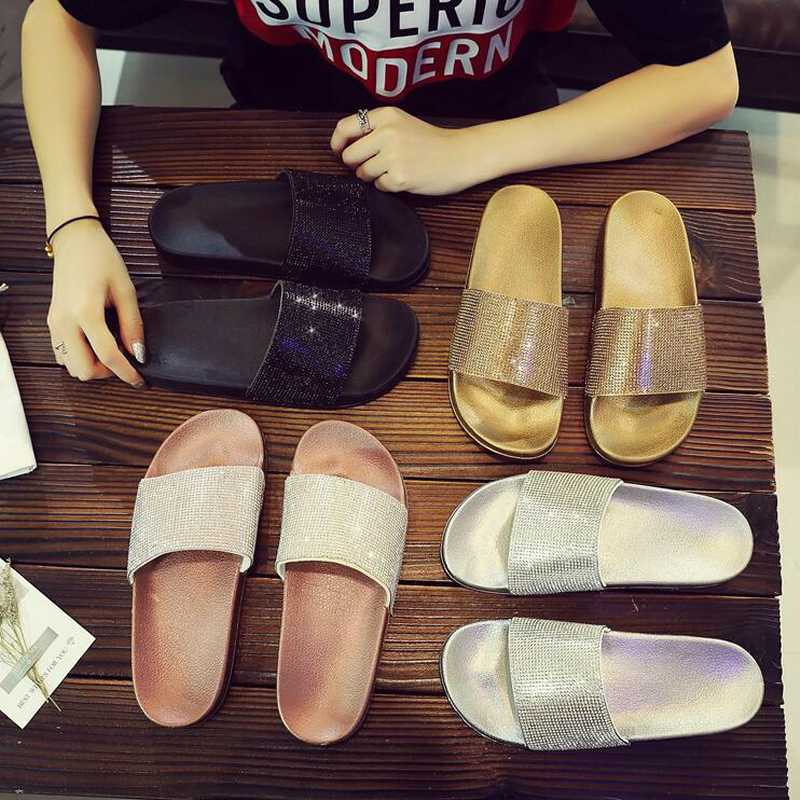 Slippers WGZNYN Shoes Women Flat Sliders Sandals Diamante Sparkly Colorful Diamond Crystal Fashion Woman Flip-flops W41