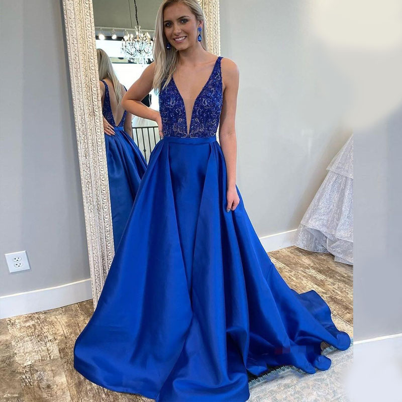 Royal Blue V Neck A Line Evening Dresses Satin Beaded Crystals Backless Gorgeous Evening Dress Pageant Gowns Custom Made Evening Gown