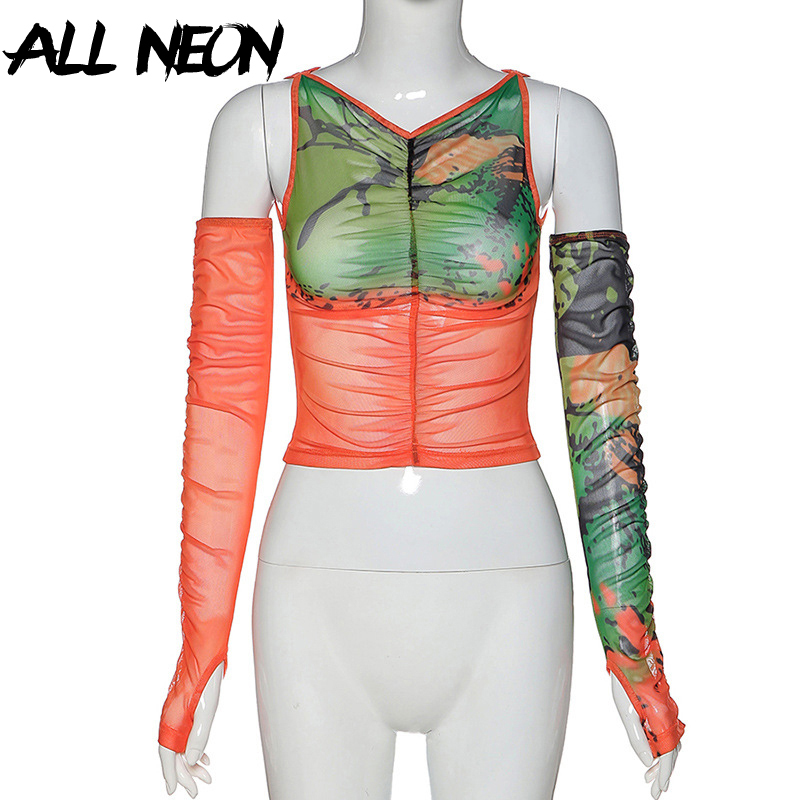 ALLNeon Punk Open Shoulder Transparent Crop Tops Graffiti Graphic V-neck Long SLeeve with Gloves Ruched Front Mesh T-shirts Y2K MX200721
