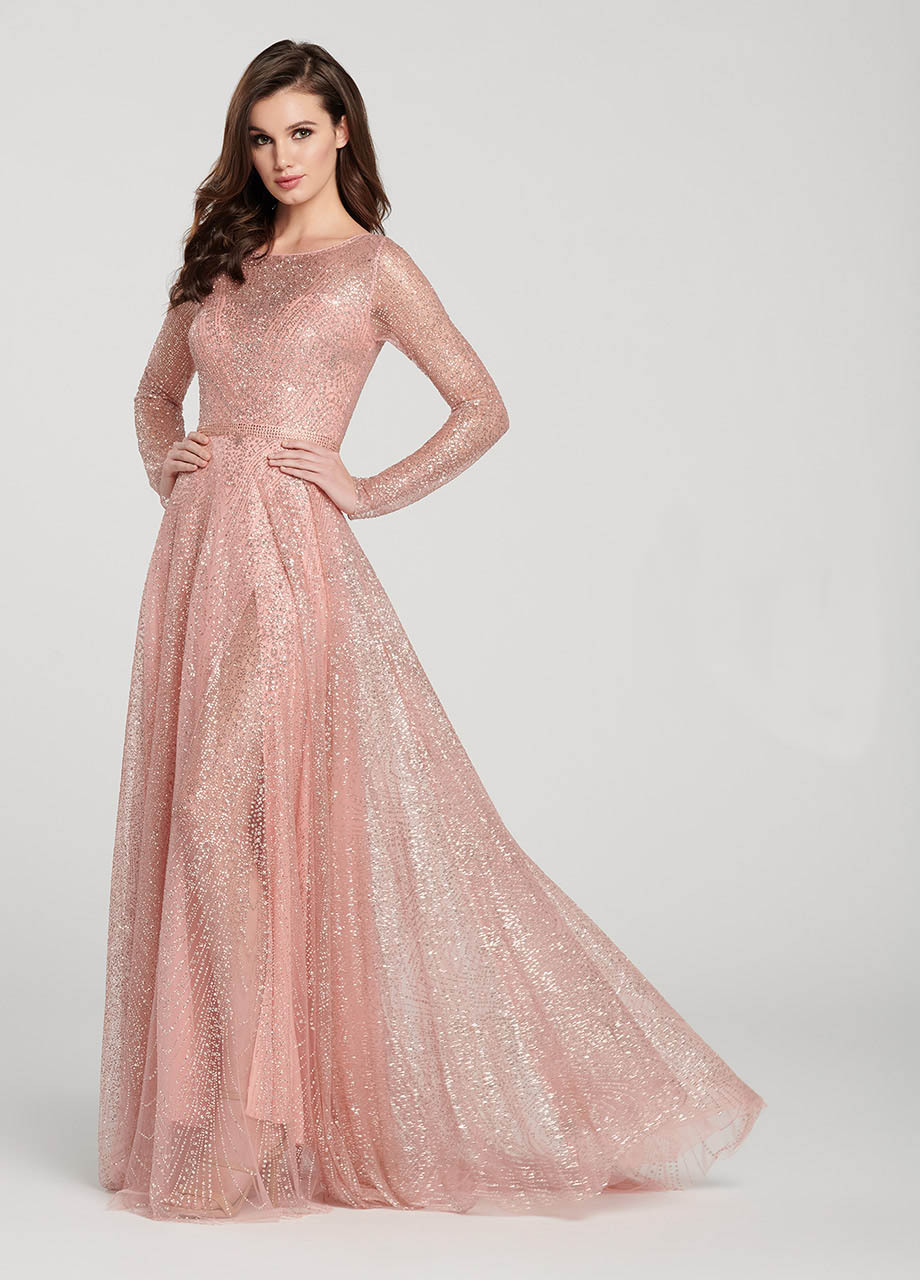newest glitter sequins pink aline women prom dress bling jewel long sleeves evening dress anklelength party dress hot sale