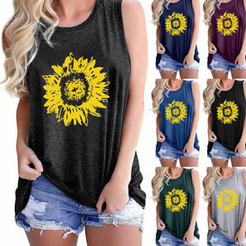 Summer sunflower pattern women' vest pattern sleeveless T-shirt letter printed vest top, Black 
Summer sunflower pattern women' vest pattern sleeveless T-shirt letter printed vest top, Black