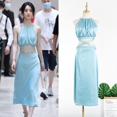 Lake blue temperament elegant waist hanging neck long dress 2020 fashion new dress