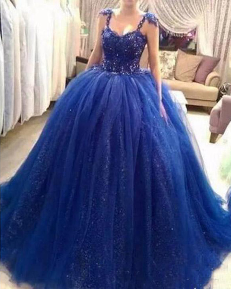 Designer Royal Blue Ball Gown Quinceanera Dresses Spaghetti Straps Sweetheart Sweet 16 Sequins Prom Dresses Custom Made