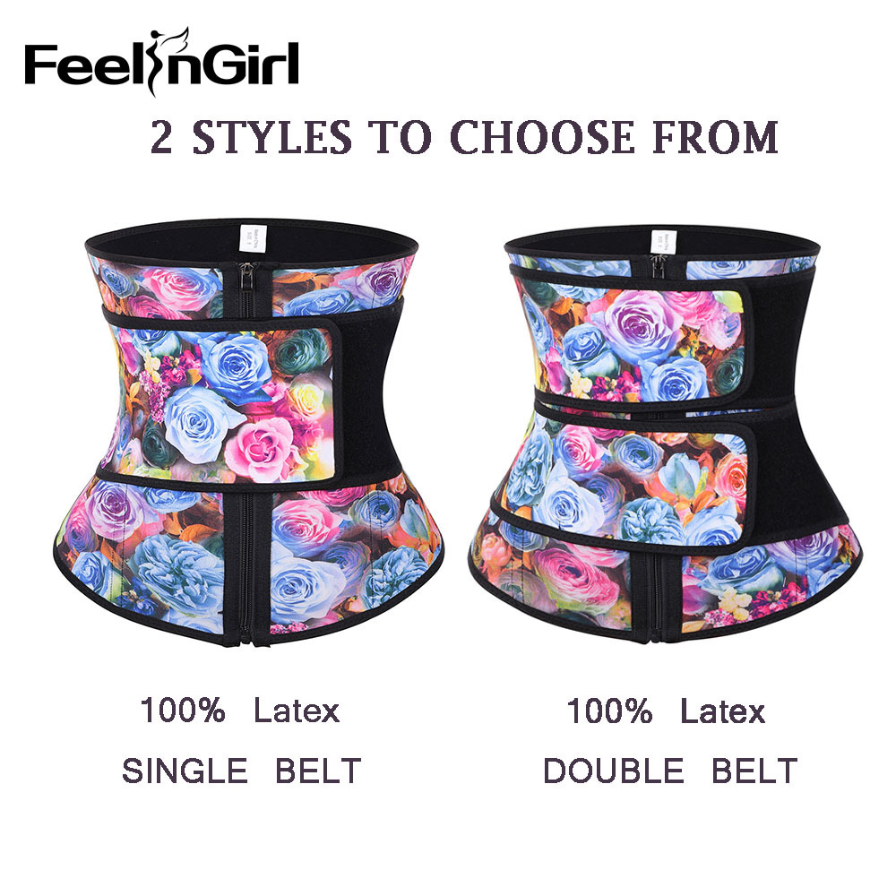 FeelinGirl Women 100% Latex Waist Trainer Fashion Rose Print Slimming Belt Tummy Control Body Shapers Underbust Waist Cincher CX200729