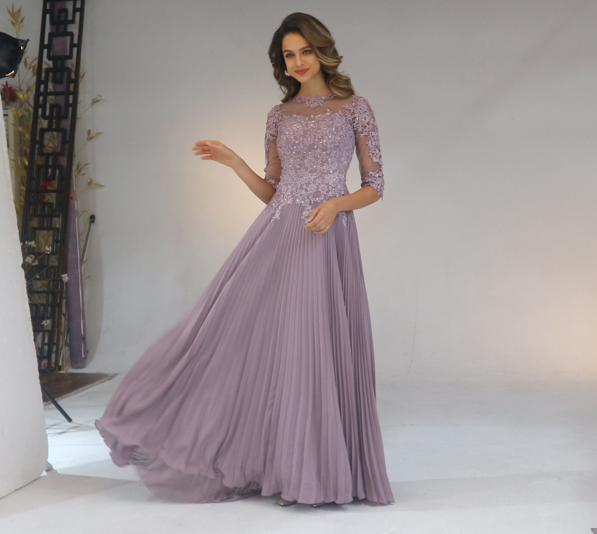 Werbowy Dress Chiffon Pleated Lace Applique A Line With 1/2 Sleeves Mother Of The Bride Dress Long Appliques Mother's Evening Dresses