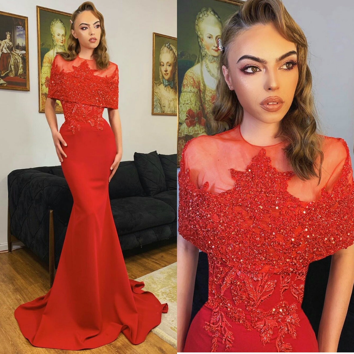 New Fashion Red Mermaid Evening Dresses Sheer Jewel Neck Sequins Beading Prom Gowns Runway Fashion Red Carpet Party Dress