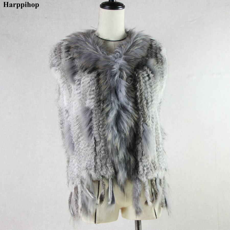 womens natural real rabbit fur vest with raccoon fur collar waistcoatjackets rex rabbit knitted winte T200507