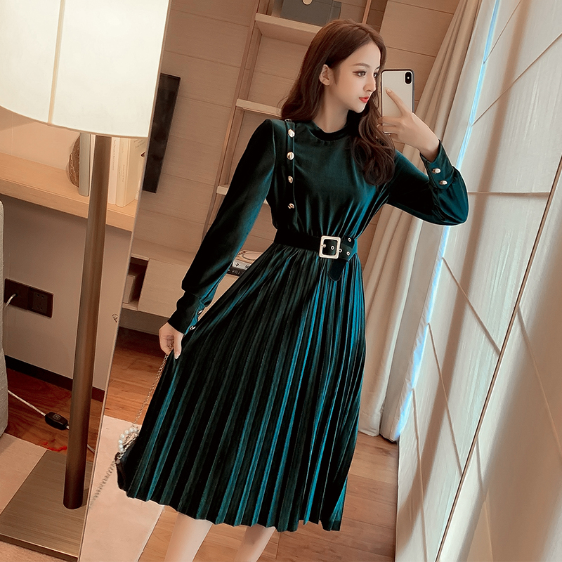 New Women dress Render Long Pleated Pleuche Withlt Dresses Black Dark Green 7290
New Women dress Render Long Pleated Pleuche Withlt Dresses Black Dark Green 7290