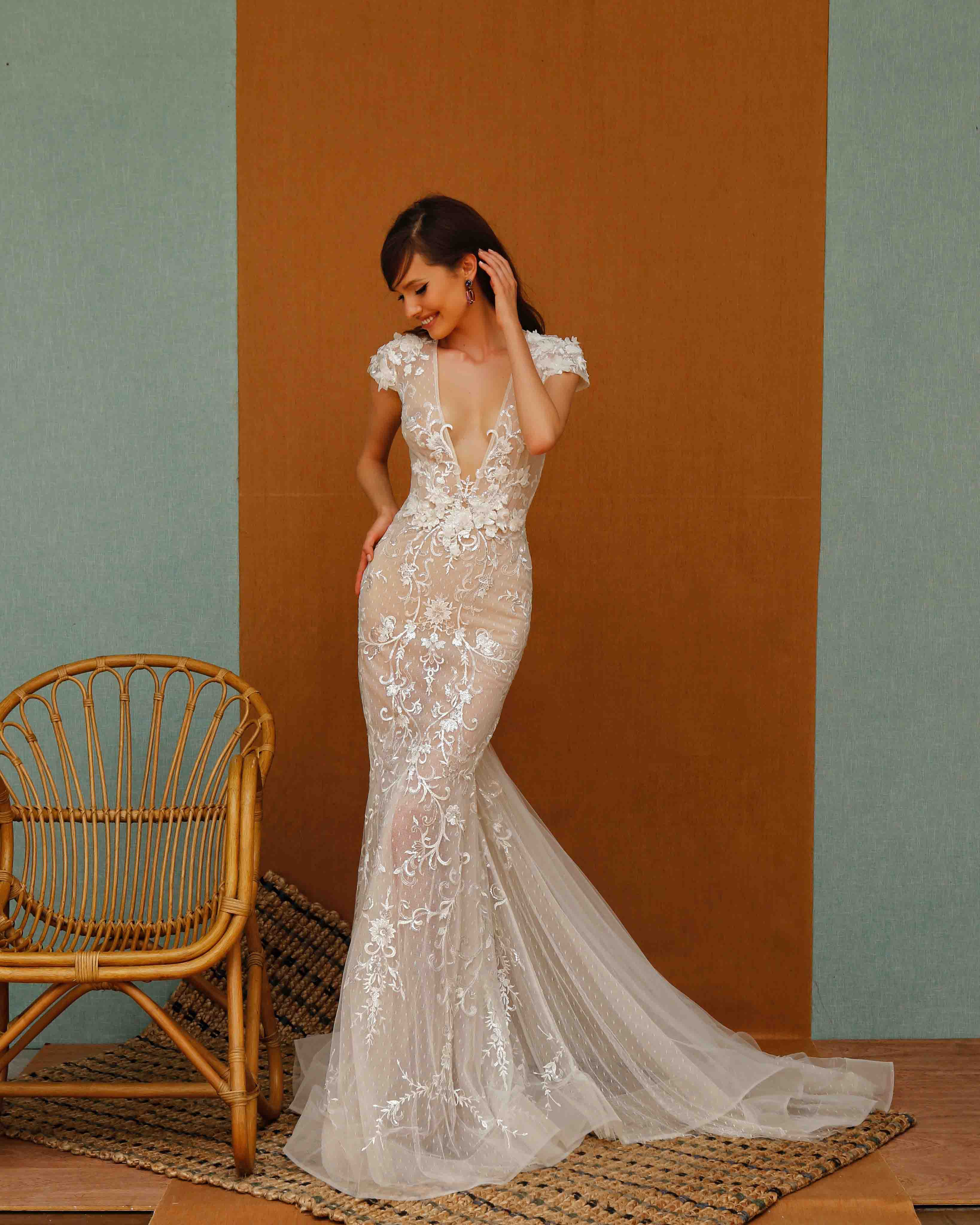 Sexy Berta 2021 Mermaid Wedding Dresses Deep V Neck Lace Appliqued Short Sleeve Backless Wedding Dress Bridal Gowns robes de mariée