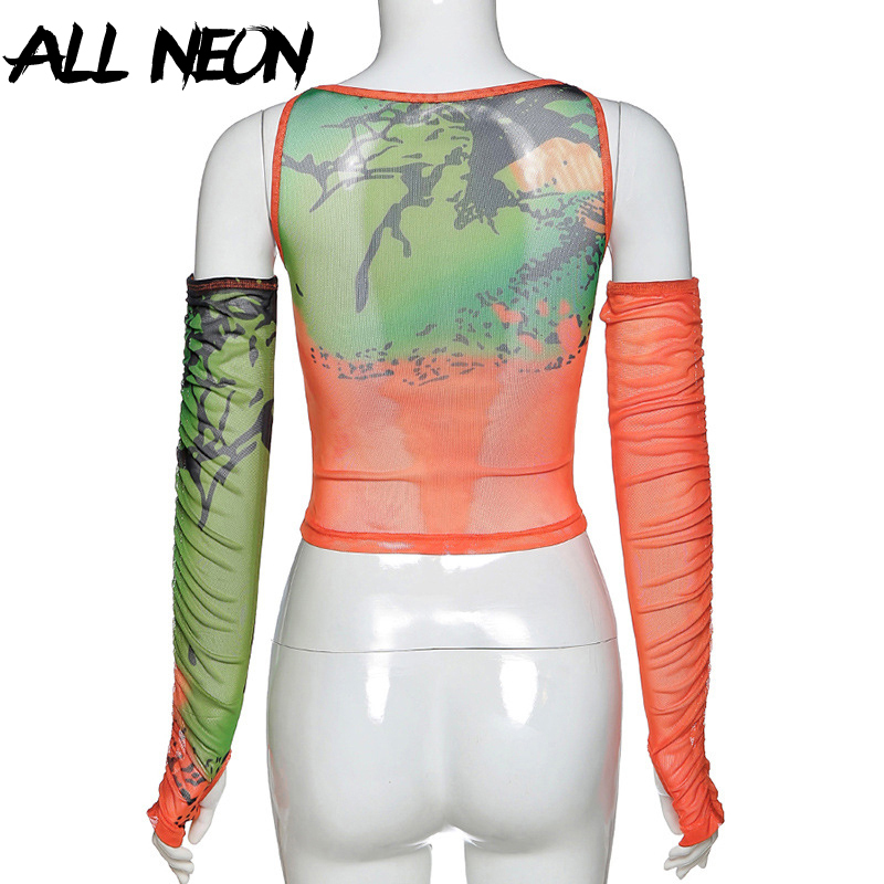 ALLNeon Punk Open Shoulder Transparent Crop Tops Graffiti Graphic V-neck Long SLeeve with Gloves Ruched Front Mesh T-shirts Y2K MX200721
