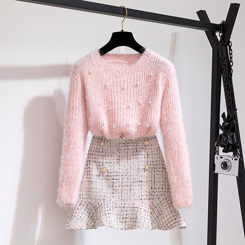 Two Piece Set Women Autumn Spring Beaded Pullover Sweater and Plaid Tweed Mermaid Skirt Set Soft Mohair Knitted Sweater A098, Black skirt
Two Piece Set Women Autumn Spring Beaded Pullover Sweater and Plaid Tweed Mermaid Skirt Set Soft Mohair Knitted Sweater A098, Black skirt