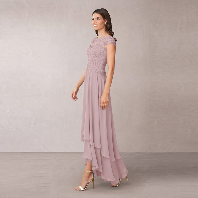Latest Charming Rose High Low Chiffon Lace Mother of the Bride Dresses Short Sleeve Boat Neck Wedding Party Gowns Applique Pleat