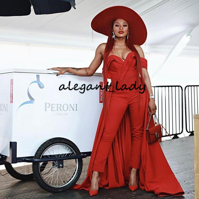 Red Off Shoulder Jumpsuits Evening Dresses Overskirt Pearls Ruched Ankle Length Satin Celebrity Dress Outfit Formal prom gowns