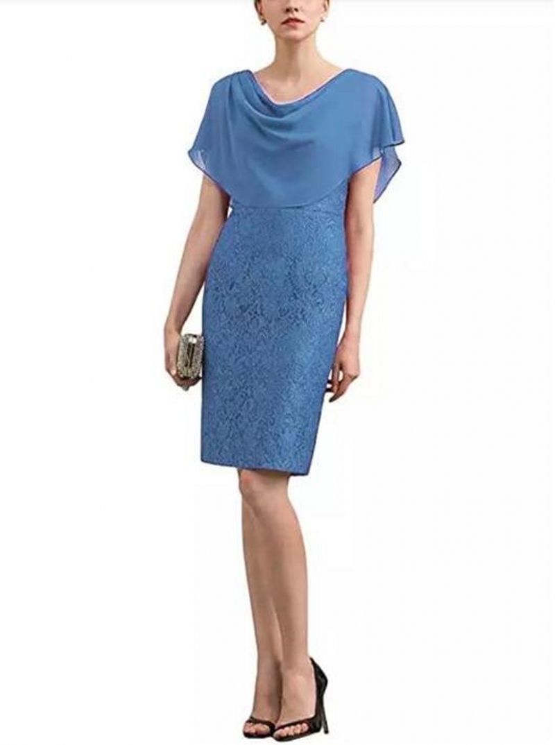 Blue Mother Of The Bride Dresses Sheath Chiffon Lace Knee Length Plus Size Groom Short Mother's Dresses For Wedding Evening Dress