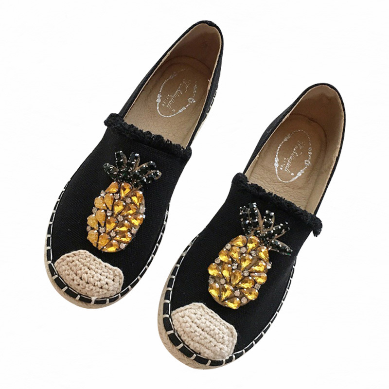 2019 New Women Espadrilles Flats Crystal Pineapple Hemp Fisherman Ladies Fashion Rhinestone Loafers Slip On Single Shoes S CX200722