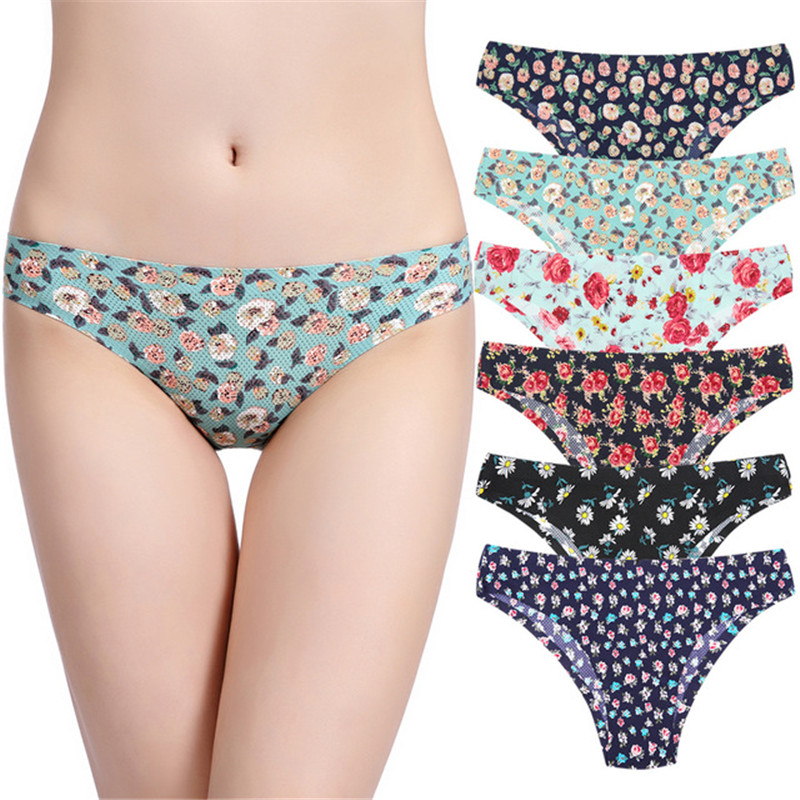 3Pcs/lot Seamless Women's Underpant Comfort Underwear Floral One-piece Briefs Print Women Sexy Low-Rise Panty Intimates S M L, Set14 - 3pcs