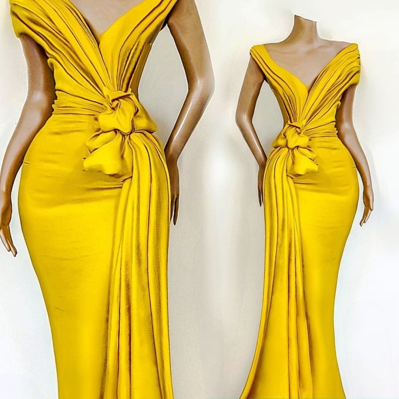 African Yellow Prom Dresses With Pleats Knoted Deep V Neck Mermaid Evening Dress Formal Celebrity Party Gowns For Women Wear robe de soiree