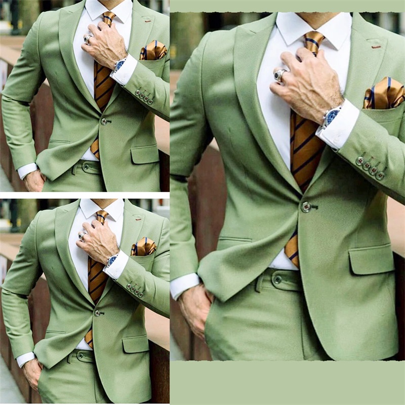 handsome 2piece green wedding suits custom made cotton blend tuxedos party formal business for best man suits peaked lapel blazer men suits