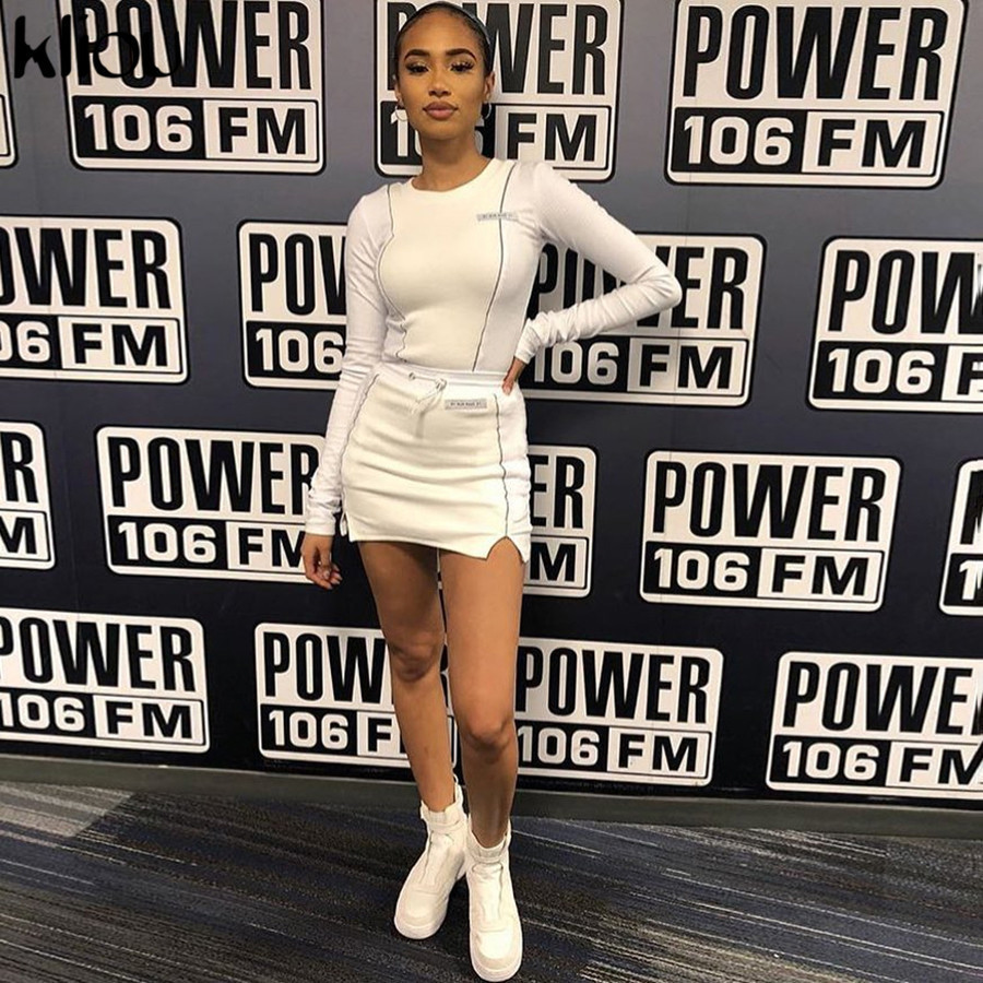 Kliou women fashion Reflective Striped patchwork two pieces set white full sleeve crop top bottom skirts outfit tracksuit T200128