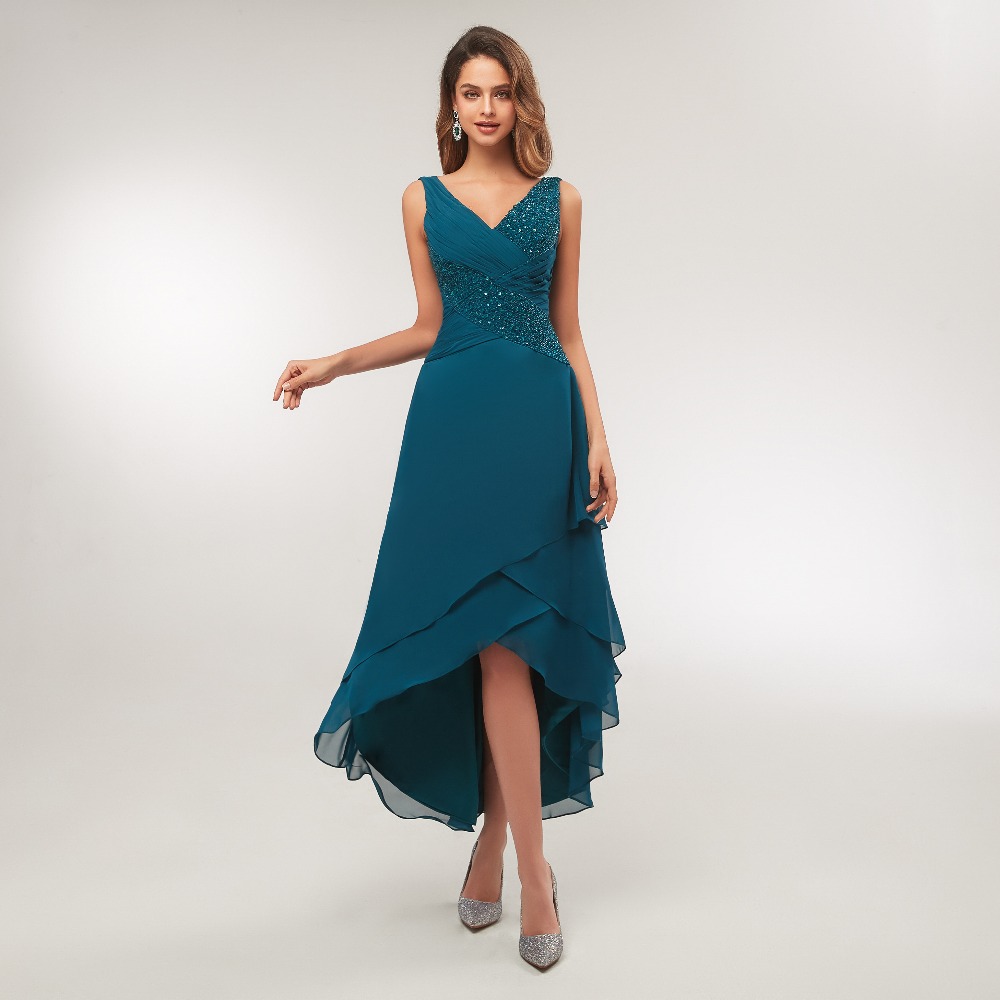 Mother's Dresses Turquoise Chiffon V Neck Pleated Tea Length High Low Mother Of The Bride Dress Vestido De Madrinha Evening Dresses