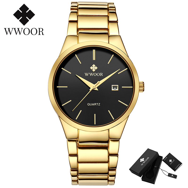 relojes hombre 2020 WWOOR Gold Watch Men Luxury Mens Quartz Wristwatch Business Watch Stainless Steel Waterproof Auto Date Clock CX200804