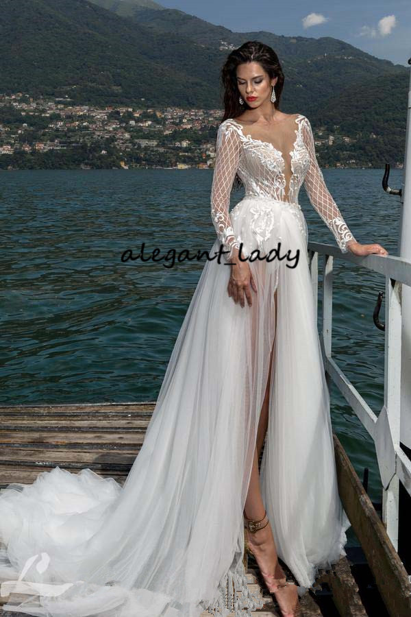 Sexy Beach Wedding Bodysuit Dress with Detachable Train 2021 Illusion Long Sleeve Lace Applique Holiday Bohemian Bride Dress Pant Suit